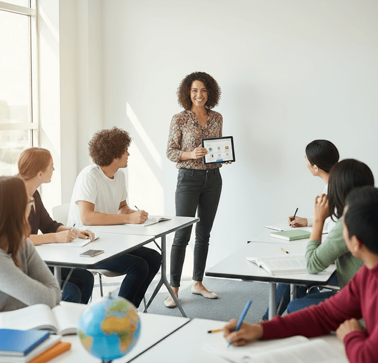 Rectangle 3 A woman presenting towards her co-workers